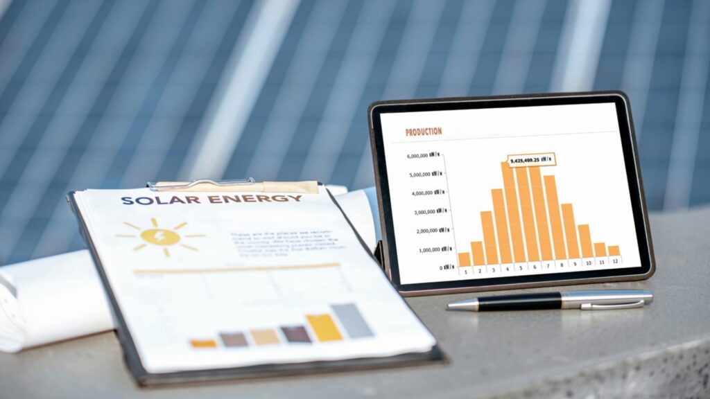 Tablet con il grafico della produzione di un impianto fotovoltaico accanto a un report di analisi energetica